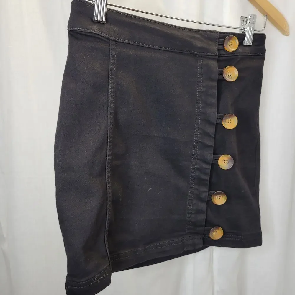 Free People Black Twill Off-Center Brown Button Mini Skirt, 0